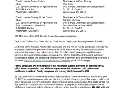 Letter Outlining Senate FY2026 Labor-HHS Appropriations Requests